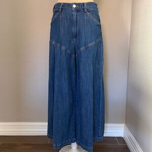Anthropologie Womens Wide-Leg Blue Jeans with Pleated Skirting by Pilcro Size 29
